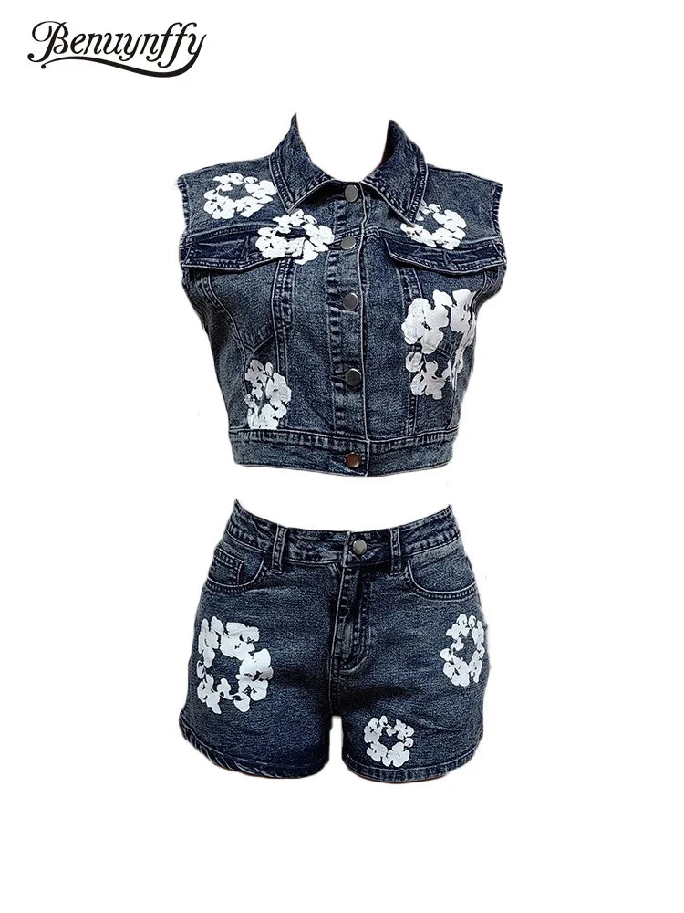 Benuynffy Summer New Printed Denim Set For Women 2024 Single Breasted Sleeveless Crop Vest+Denim Shorts Female Two Pieces Sets FZwear