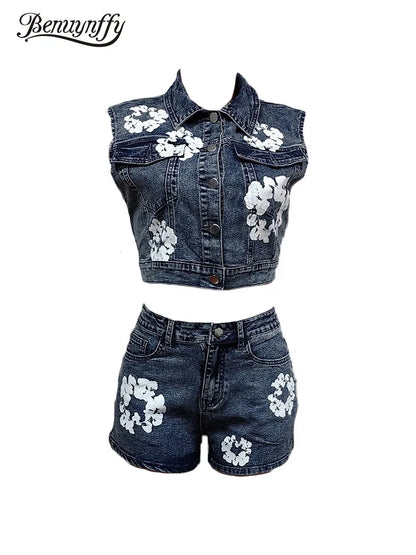 Benuynffy Summer New Printed Denim Set For Women 2024 Single Breasted Sleeveless Crop Vest+Denim Shorts Female Two Pieces Sets FZwear