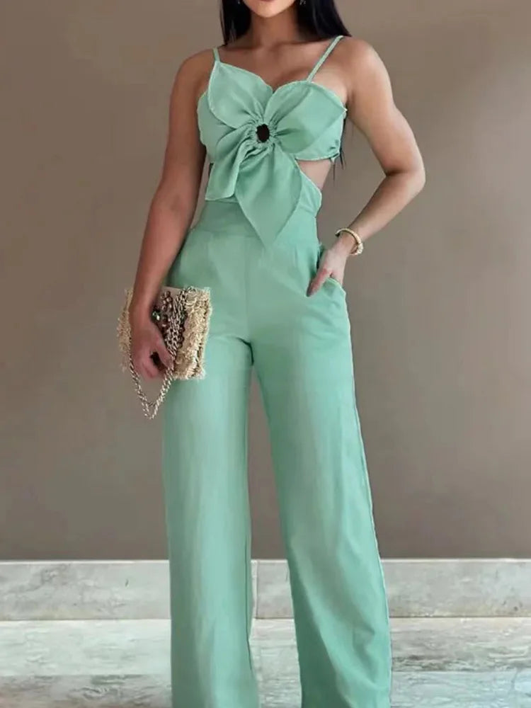 FZ Women's Pocket Patchwork Hollow Slim Fit Simple Wide Leg Jumpsuit - FZwear