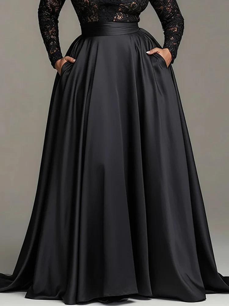 FZ Women’s Plus Size Lace Hollow Out Black V-Neck Cocktail  Maxi Evening Dress