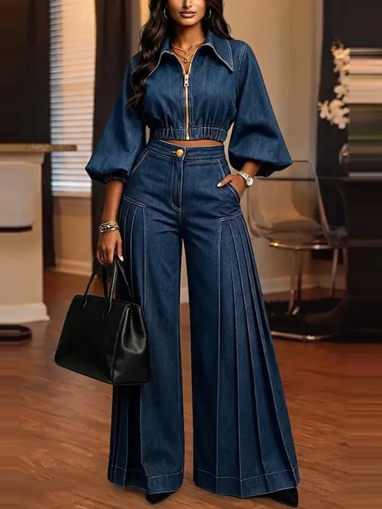 FZ Women's Pleated Wide Leg Puff Sleeve Vintage Denim Pants Suit