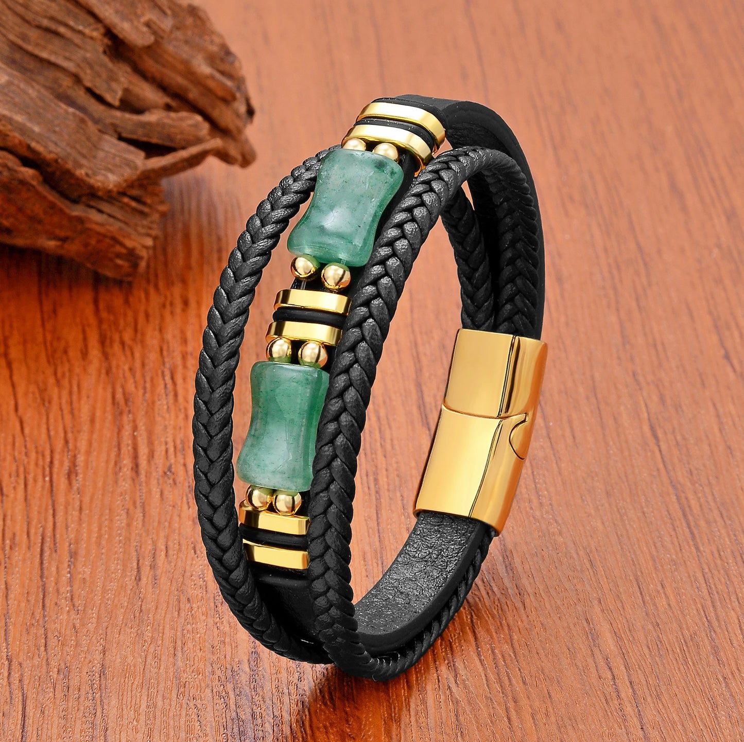 FZ Luxury Natural Geometric Green Stone Stainless Steel Bracelet