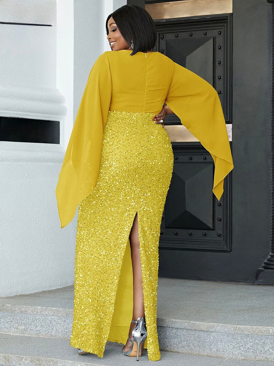 FZ Women's Plus Size V Neck Flare Sleeve Evening Dress