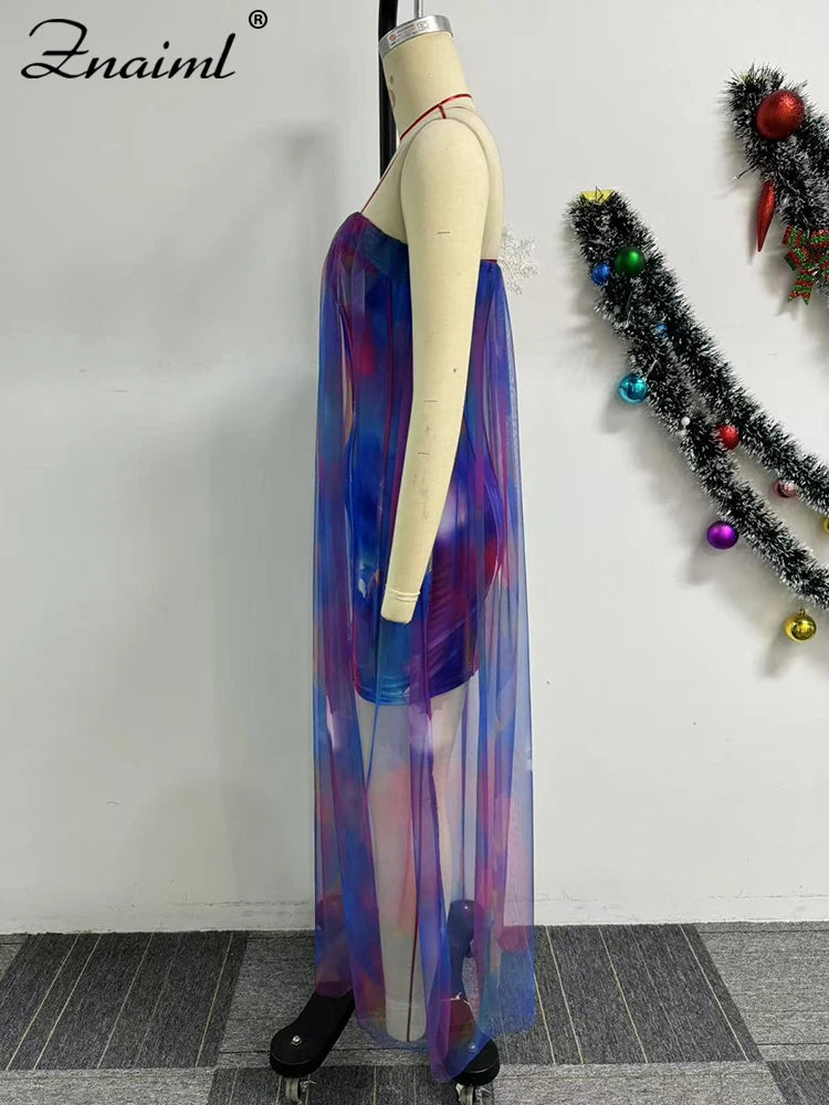 FZ Women's Tie Dye Print Off Shoulder Wrapped Chest Mesh See Through Dress