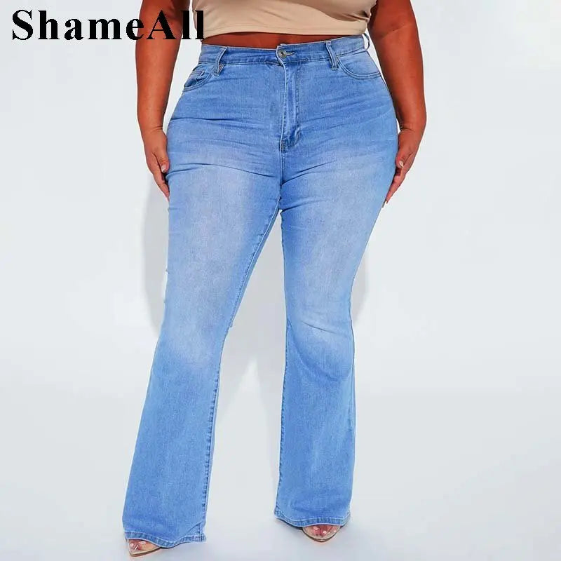 Plus Size Flower Embroidery Pockets Flare Jeans 4XL Women Stretchy Skinny Slim Fit Bell Bottoms Wide Leg Denim Pants Trousers FZwear