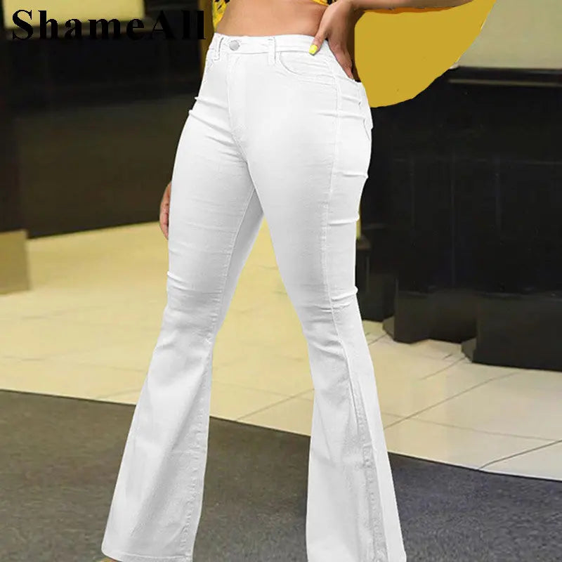 Plus Size Loose Comfortabl White Flare Jeans 3XL Streetwear Women High Waist Stretchy Grunge Denim Pants Wide Leg Bell Bottoms FZwear