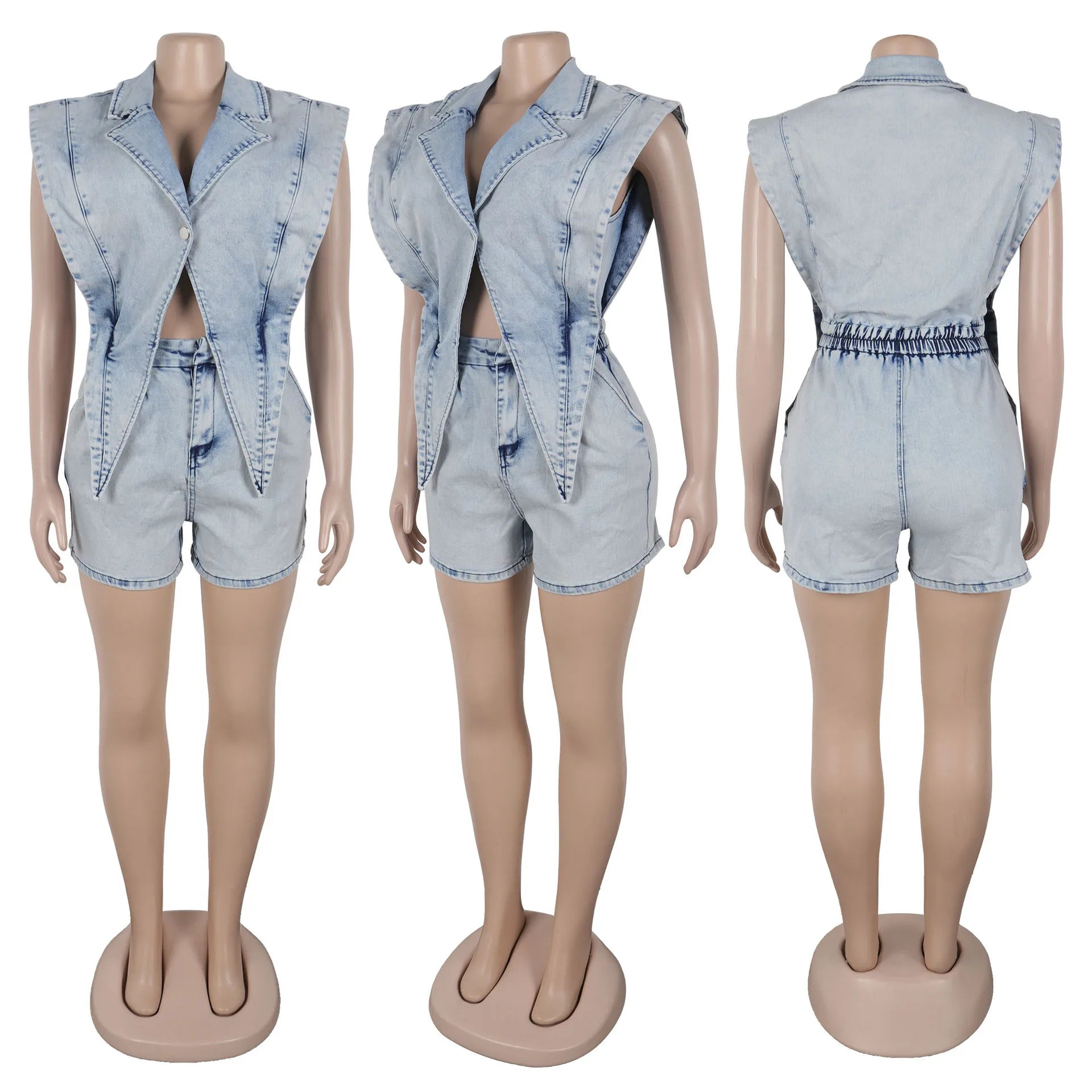 FZ Women's Lapel Sleeveless Hollow Button One Piece Denim Jumpsuit