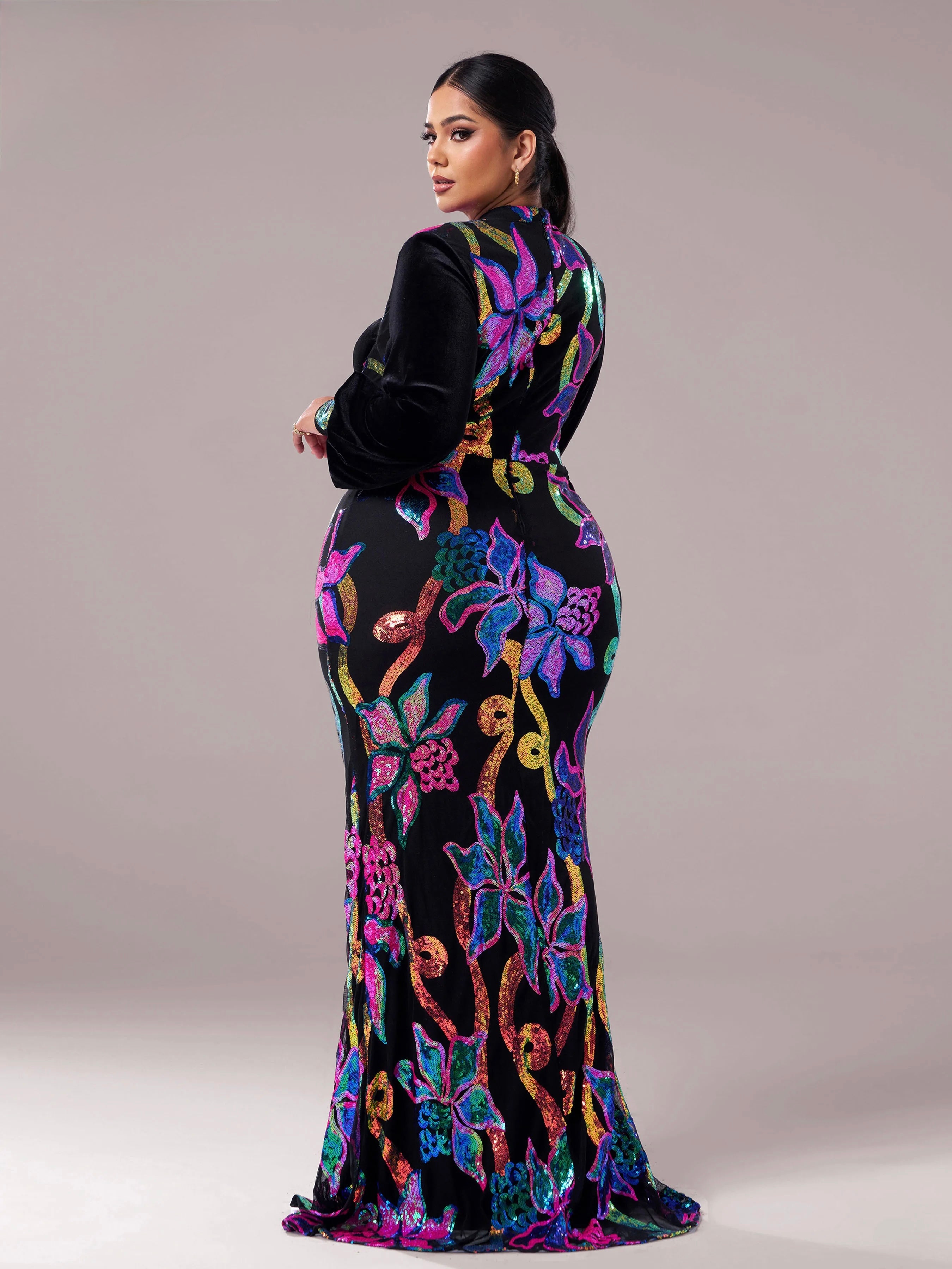 FZ Women's Plus Size Floral Round Neck Long Sleeved Sequin Mermaid Evening Dress