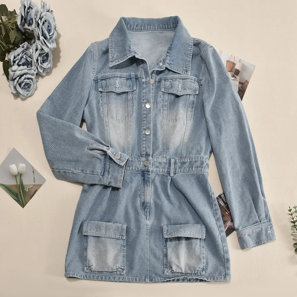 FZ Women's Single Breasted Turn-down Collar Denim Dress