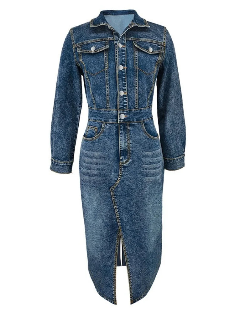FZ Women's Long Sleeve Maxi Streetwear Denim Dress