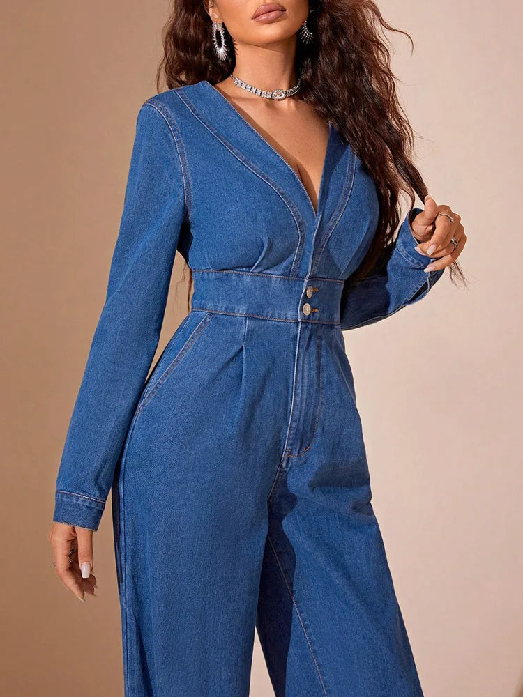 Benuynffy Sexy Deep V-Neck Denim Jumpsuit Women's Autumn High Waist Long Sleeve Office Ladies Party Wide Leg jumpsuits 2024 New FZwear