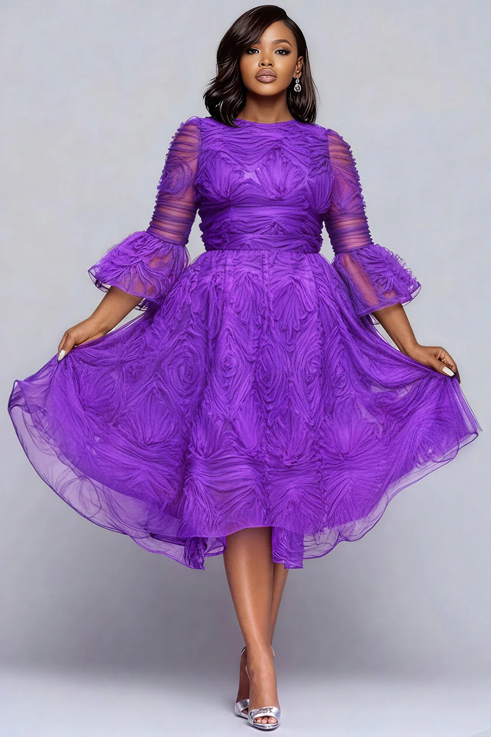 FZ Women's Plus Size Round Neck Flare 3/4 Sleeve Midi Dress