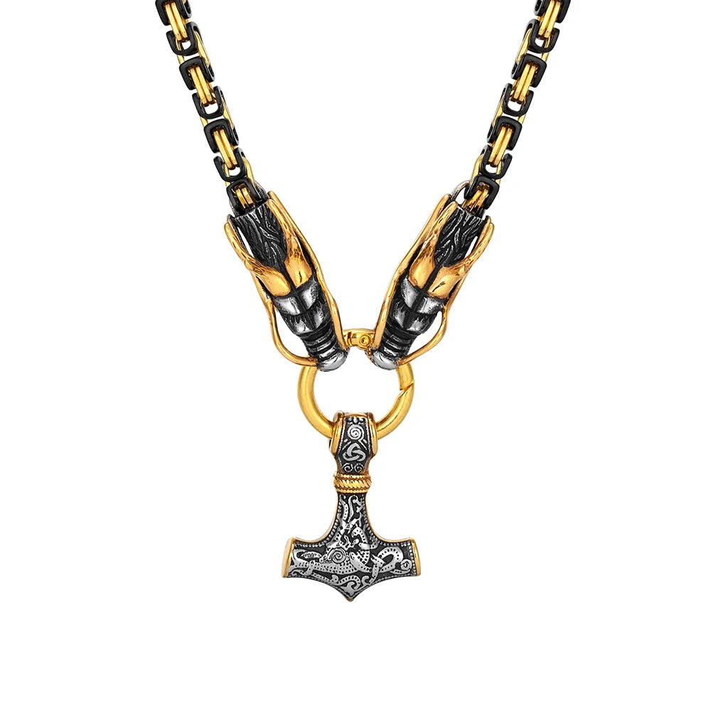 Punk Norse Runes Vikings Dragon Necklace Men's Black Mix Gold Color Stainless Steel Anchor Pendant Mjolnir Scandinavian Jewelry FZwear