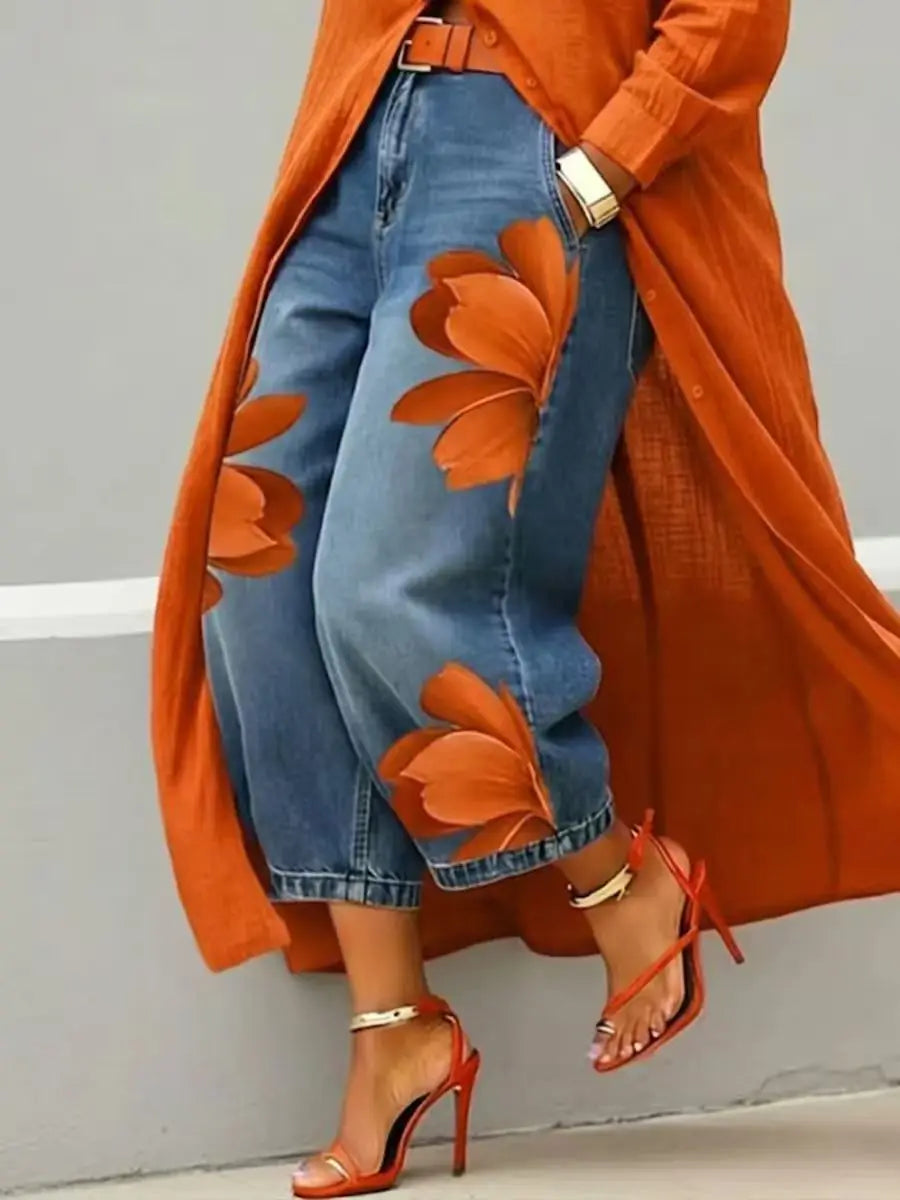 FZ Women's Floral Print High Waist Loose Fit Wide Leg Denim Pants