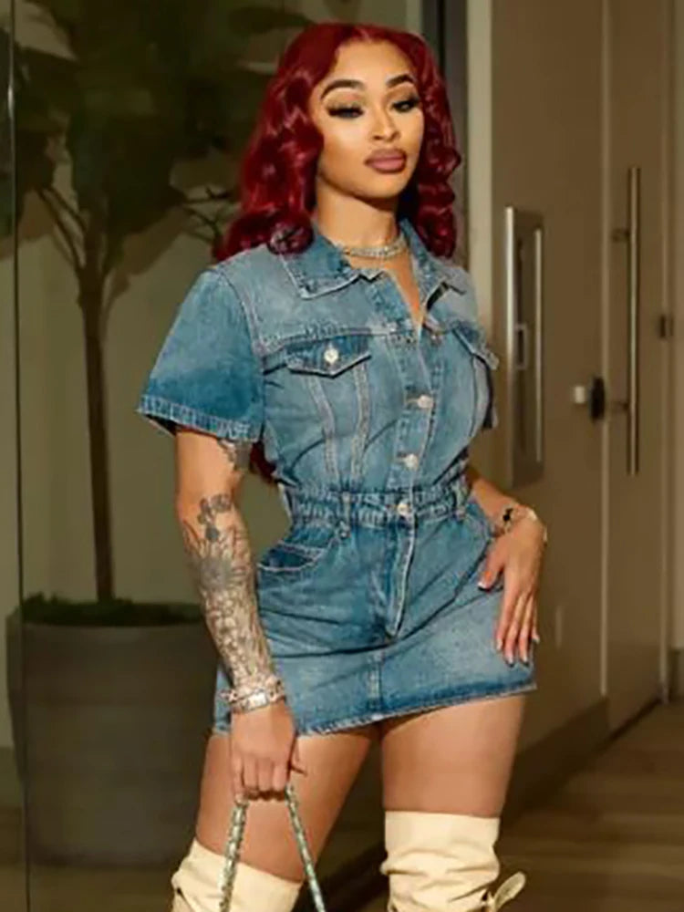FZ Women's Short Sleeve Button Down Fitted Waist Mini Denim Dress