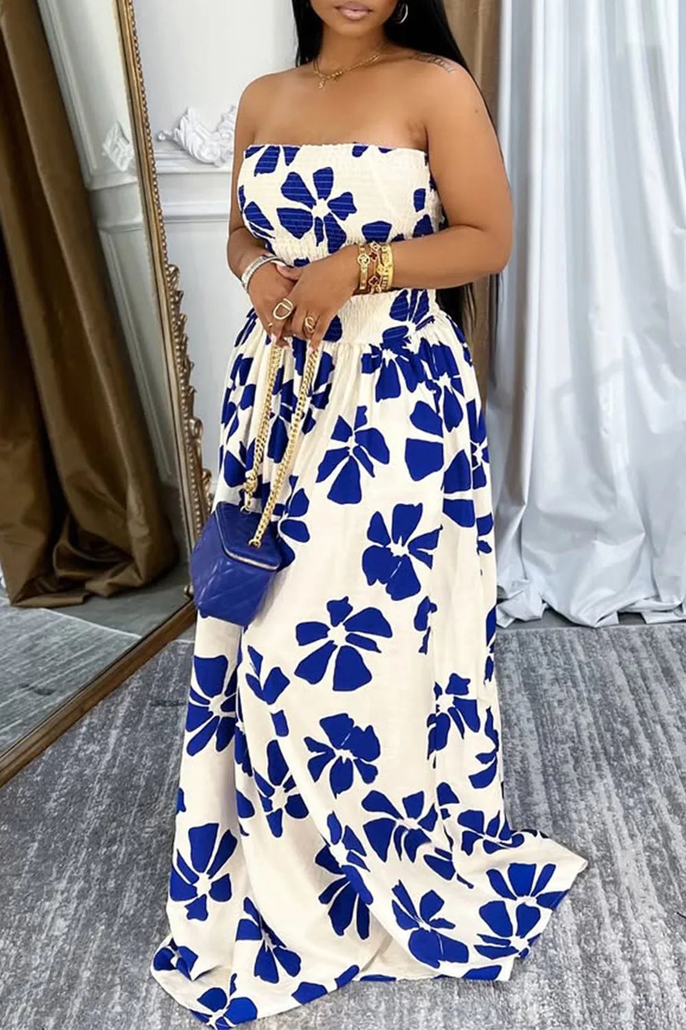 FZ Women's Plus Size Graphic Pocket Smocking Two Piece Skirt Suit