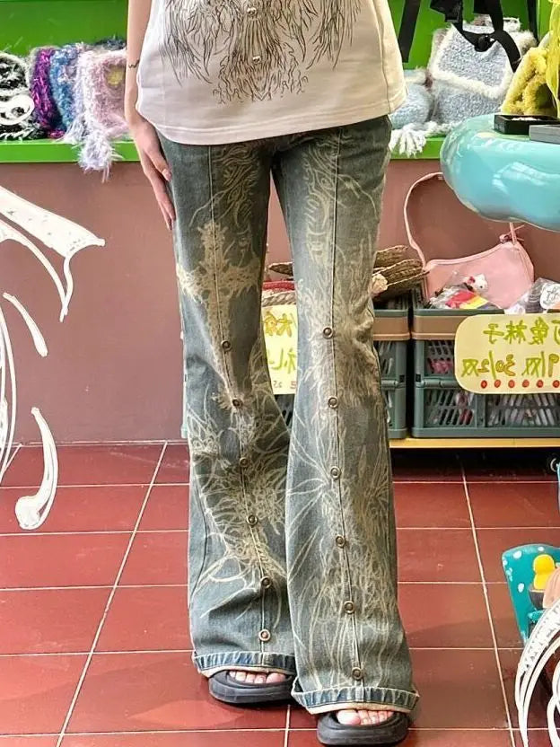 FZ Women's Retro Wash Print Flare High Waist Draped Old Slim Denim Pants - FZwear