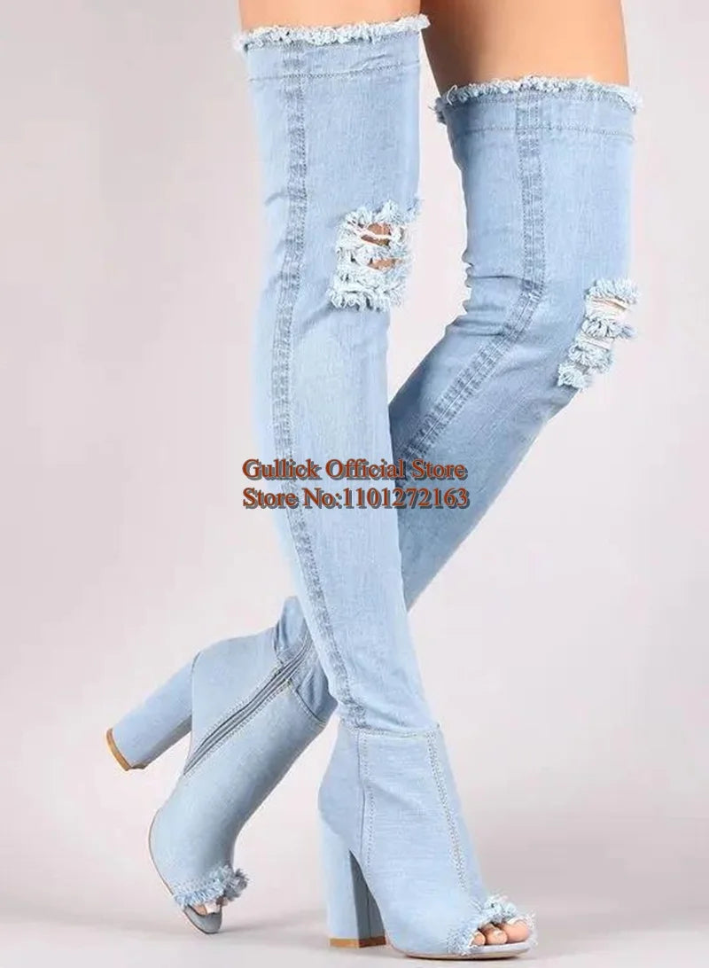 FZ Women's Chunky Heels Peep Toe Over The Knee Thigh High Denim Boots
