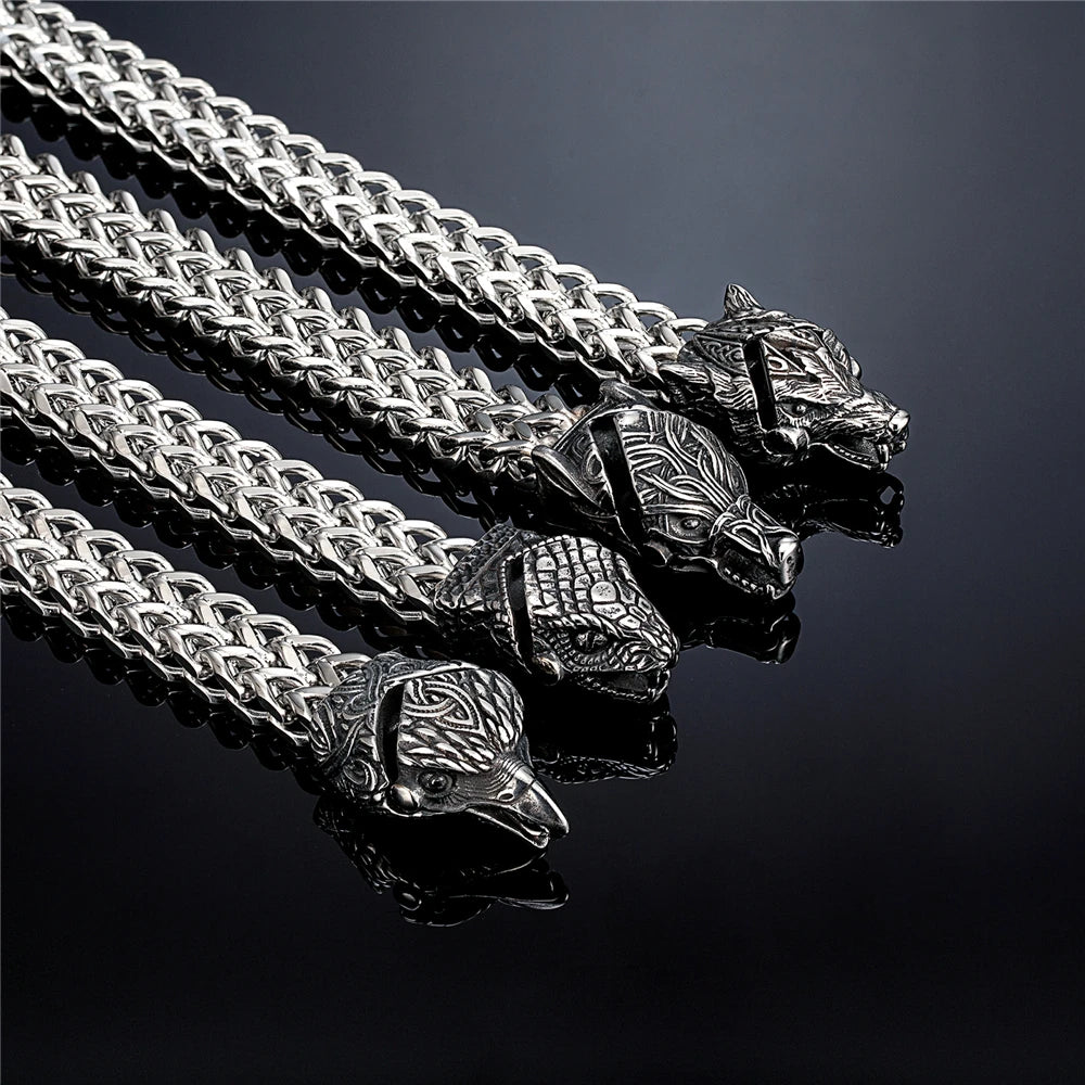 FZ Men's Retro Vikings Stainless Steel Mesh Chain Bear Norse Wolf Bracelet