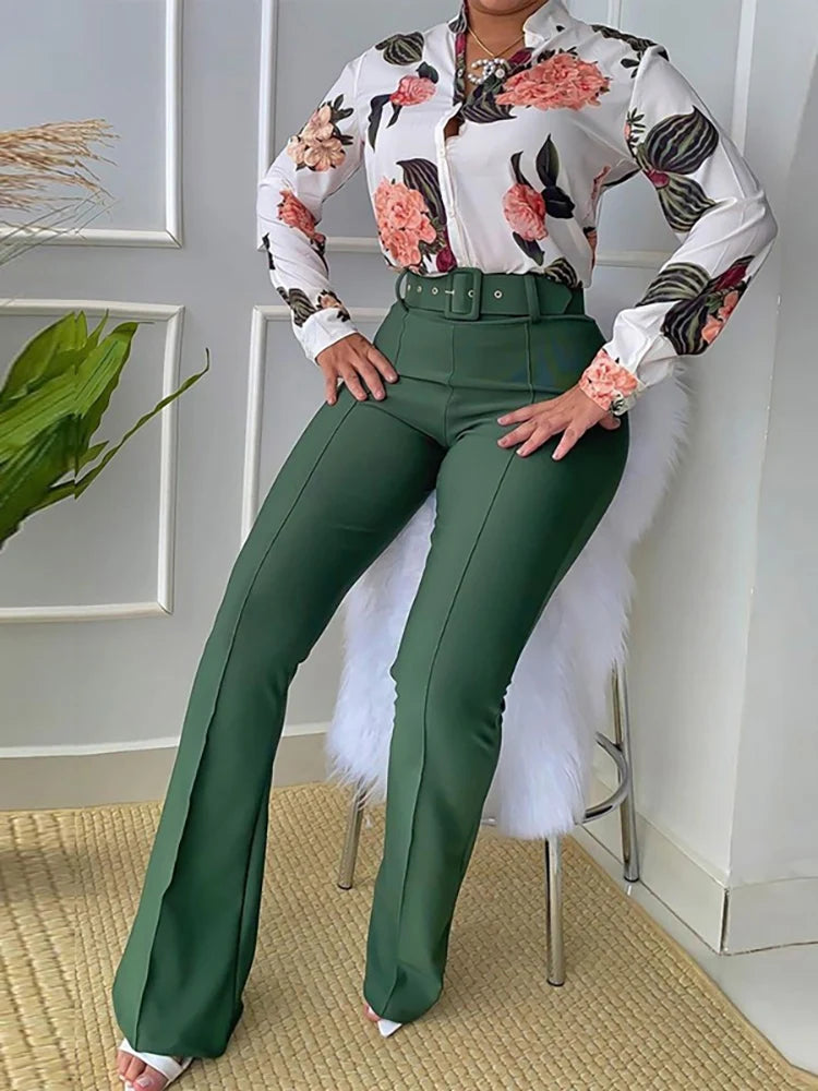 FZ Women's Elegant  Wide Leg  Retro Printed Slim Fit Office Pants Suit - FZwear