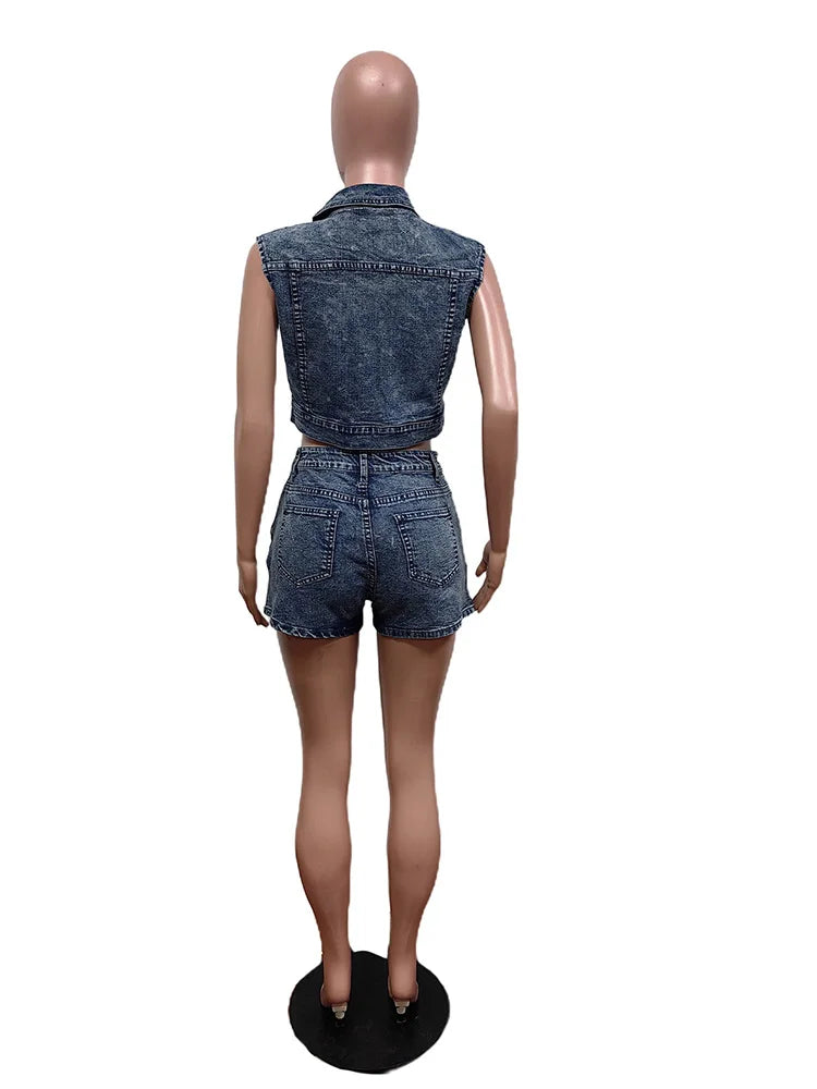 Benuynffy Summer New Printed Denim Set For Women 2024 Single Breasted Sleeveless Crop Vest+Denim Shorts Female Two Pieces Sets FZwear