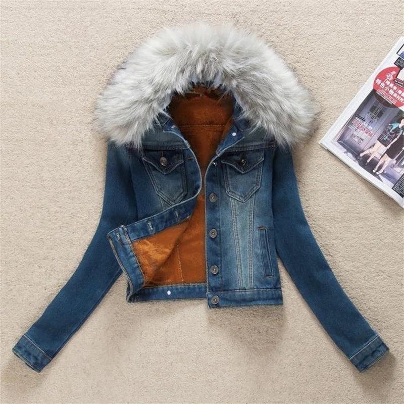 FZ Women's Big Fur Collar Short Coat Thicken Velvet Liner Fleece Denim Jacket