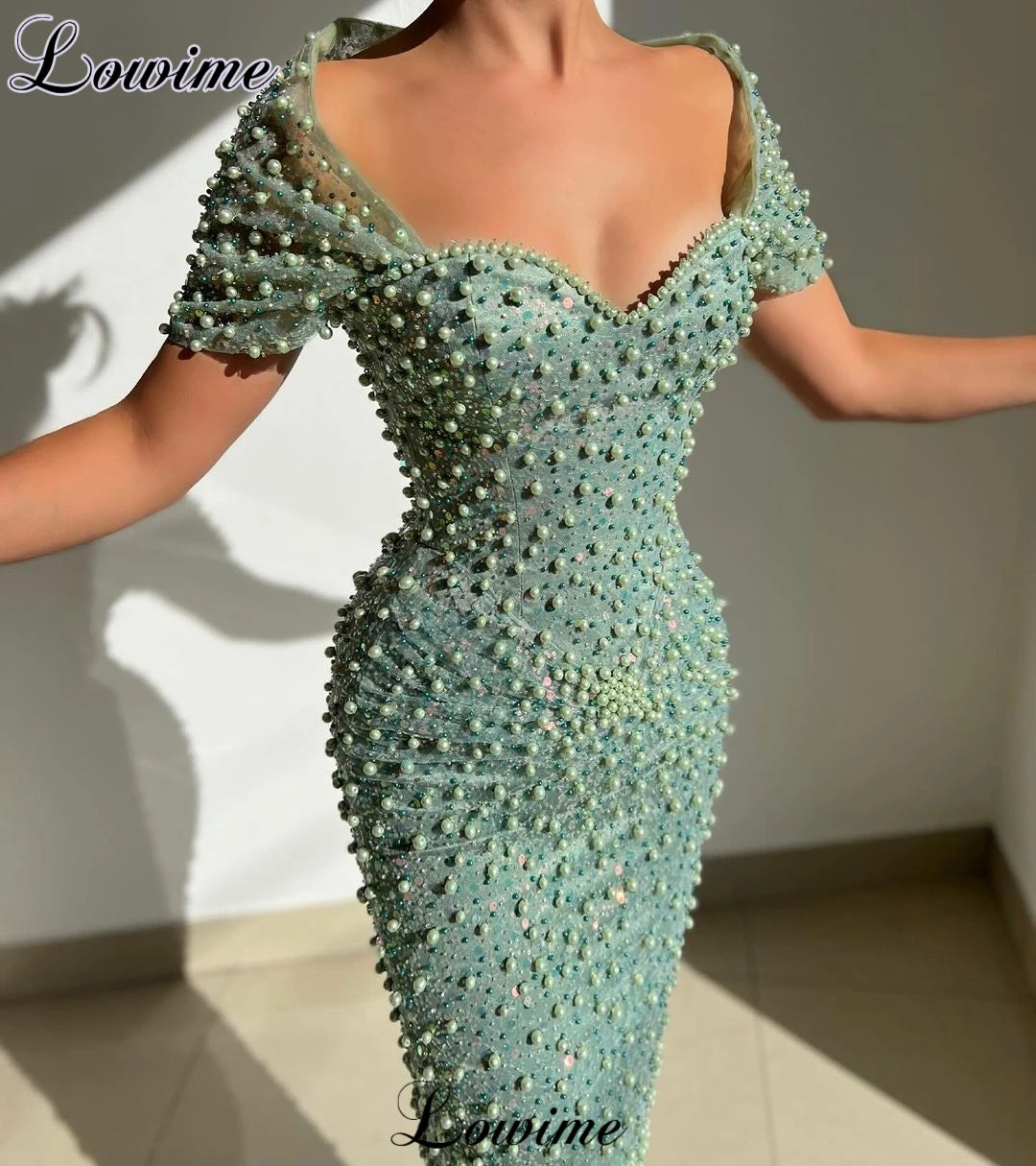 FZ Women's Full Pearls Cocktail Mermaid Sweetheart Off Shoulder Elegant Evening Dress - FZwear