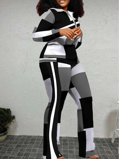 FZ Women's Plus Size Patchwork  Geometric Print Striped Flared Pants Suit - FZwear