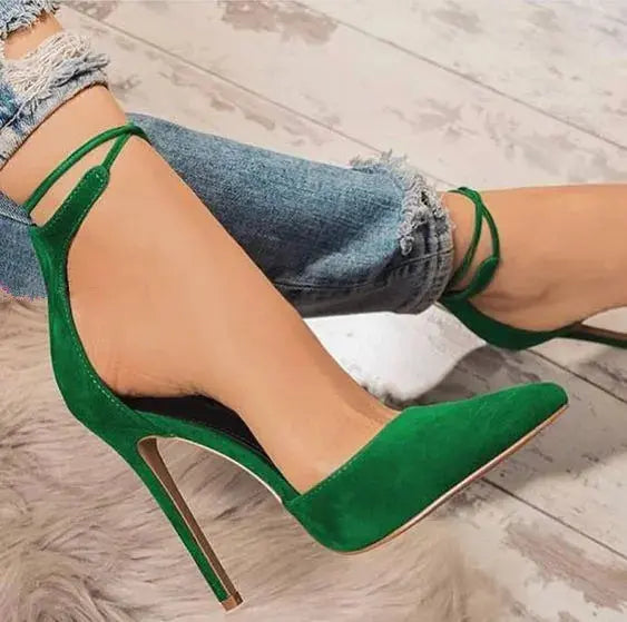 Sestito Hot Sale 2018 Ladies Elegant Green Suede Pointed Toe Ankle Strap Pumps Woman Lace-up Cover High Heels Dress Party Shoes FZwear