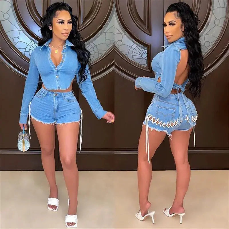 Sexy Denim Two Piece Short Set for Women Irregular Backless Jacket Top and Lace-up Shorts Sets Club Wear Party Jeans Outfits FZwear