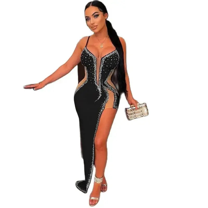 Sexy See-through Mesh V Neck Suspenders Women Dresses Hot Diamonds Decoration Dress Female Split Hem Slim Fit Banquet Party Gown FZwear