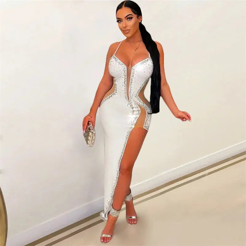 Sexy See-through Mesh V Neck Suspenders Women Dresses Hot Diamonds Decoration Dress Female Split Hem Slim Fit Banquet Party Gown FZwear