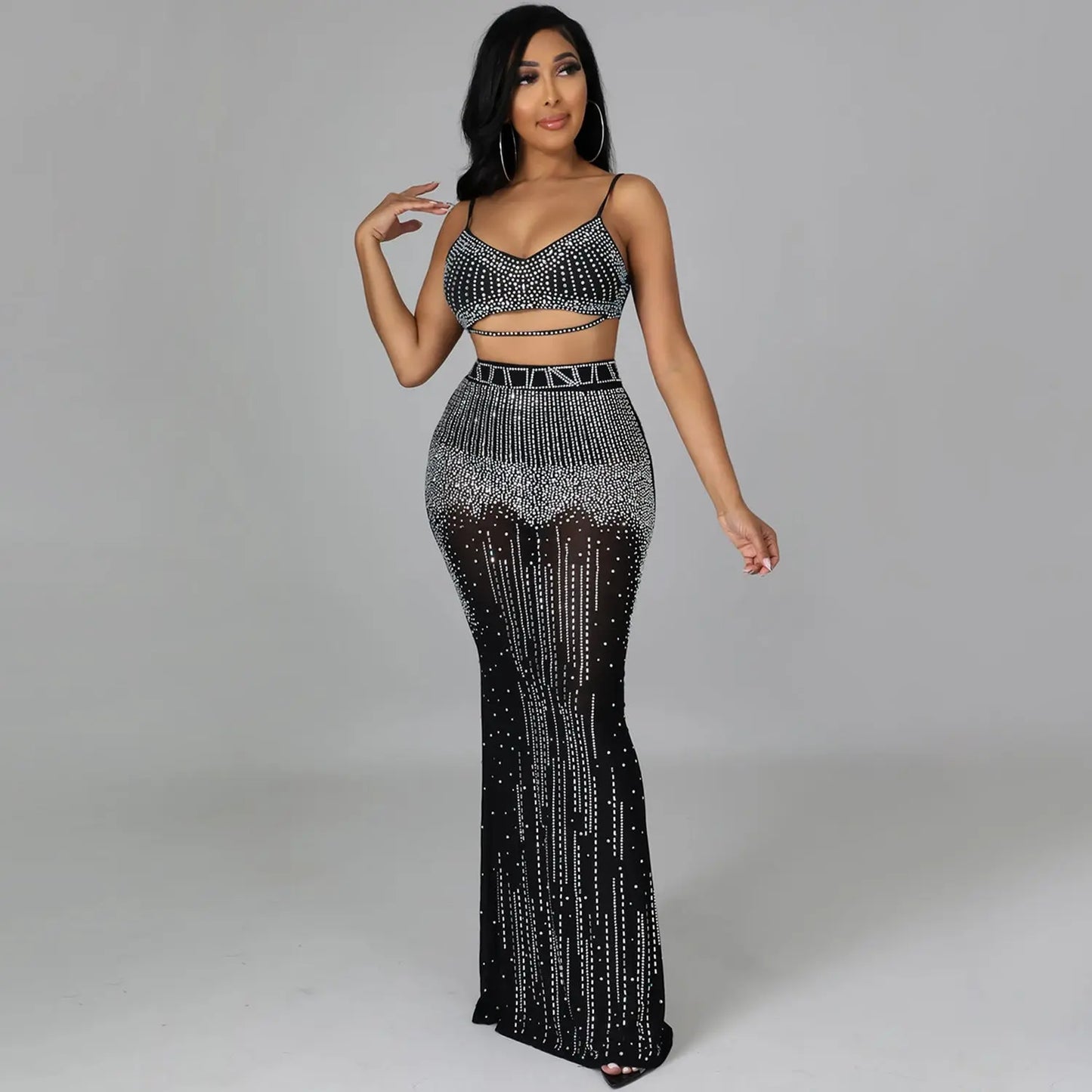 Sexy Women Wear Nightclub Party Mesh See through Camisole Maxi Dress Two Piece Set Emi