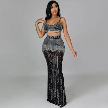 Sexy Women Wear Nightclub Party Mesh See through Camisole Maxi Dress Two Piece Set Emi