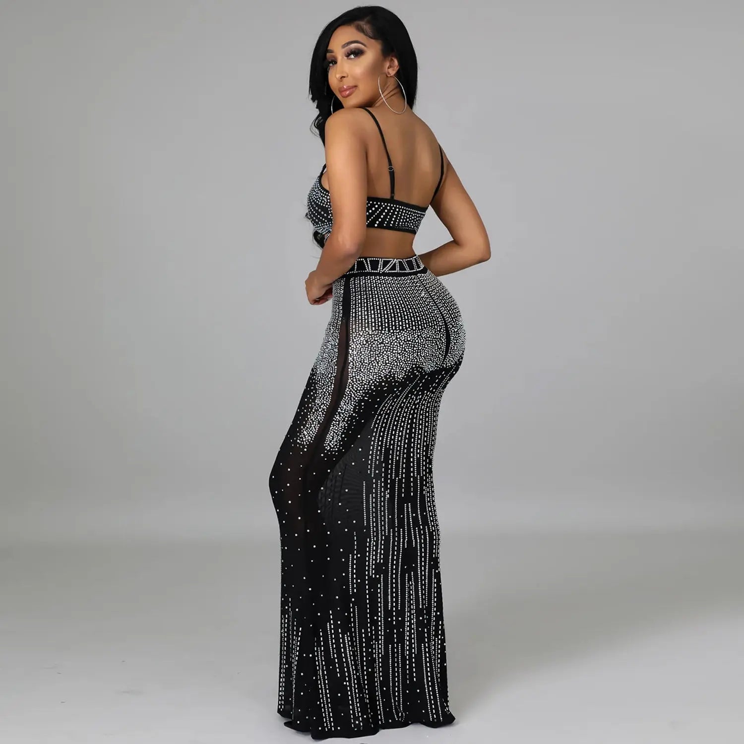 Sexy Women Wear Nightclub Party Mesh See through Camisole Maxi Dress Two Piece Set Emi