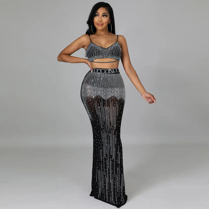 Sexy Women Wear Nightclub Party Mesh See through Camisole Maxi Dress Two Piece Set Emi