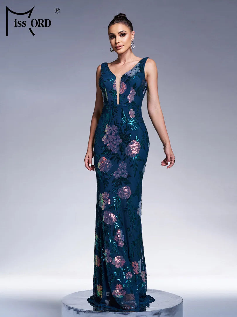 FZ Women's V Neck Sleeveless Sequin Mermaid Evening Dress