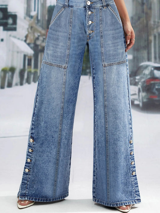 Women's Plus Size Jeans Pockets Denim Wide Leg Pants Button Vintage Streetwear Solid Casual Minimalist Jeans Trousers 2024 FZwear