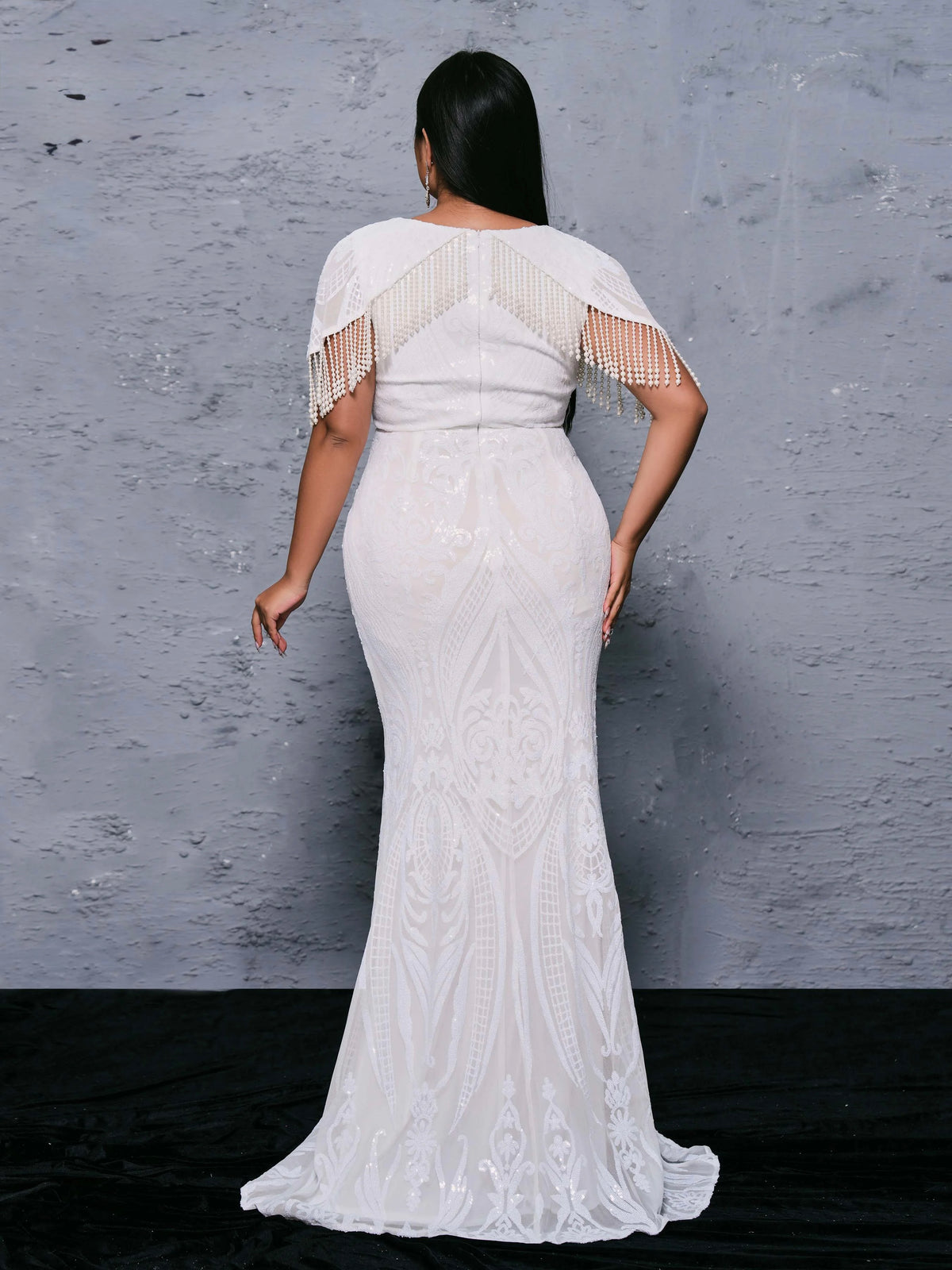 FZ Women's Plus Size V Neck Tassel Mermaid Evening Dress
