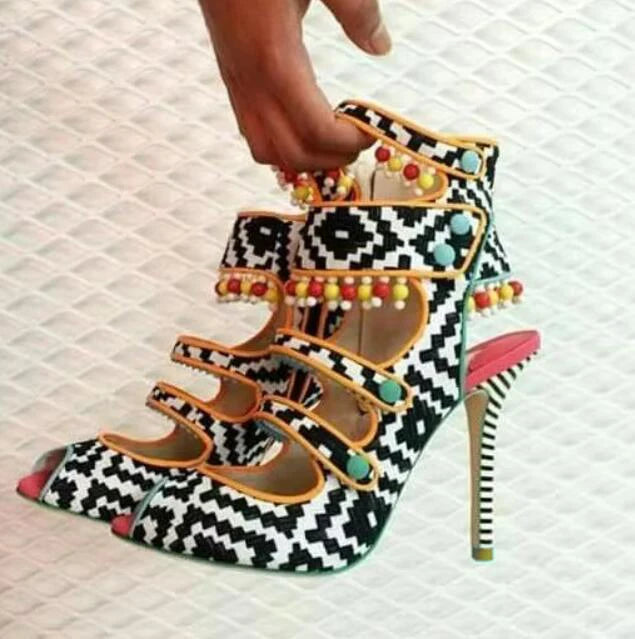 FZ Women's Geometric braided Leather Peep Toe Beading High Heels Shoes