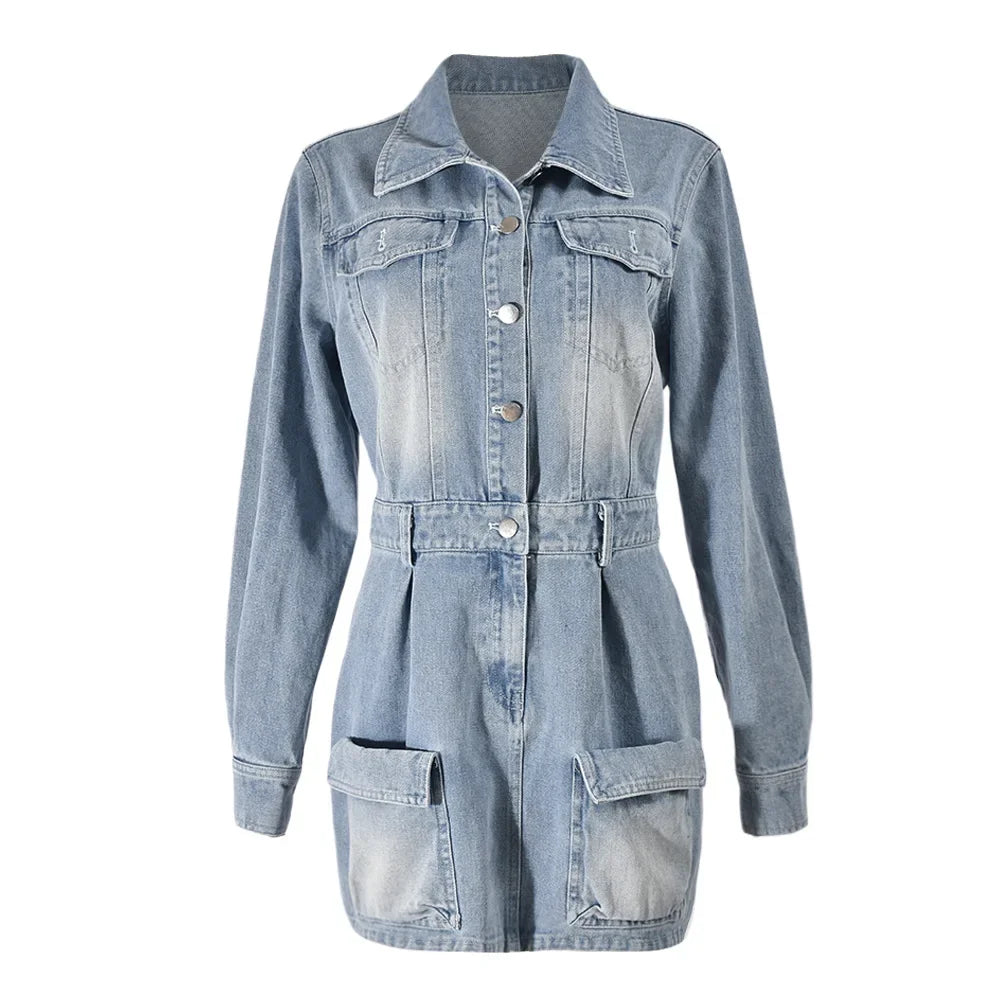 FZ Women's Single Breasted Turn-down Collar Denim Dress