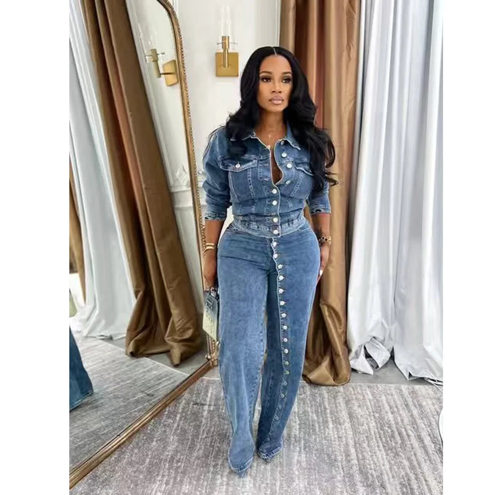 FZ Women's Y2K Streetwear 2 Piece Denim Pant Suit