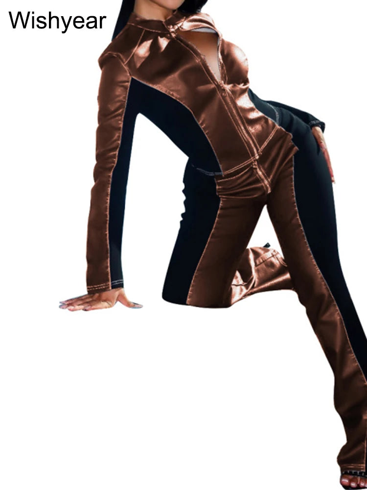 FZ Women's Street moto bike stretch PU Leather flared 2 Pieces Pants Suit