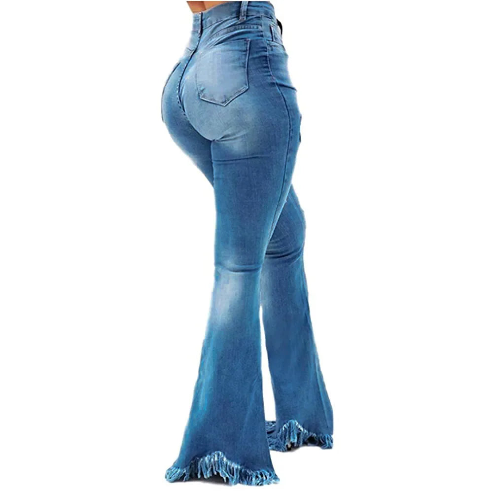 FZ Women's Full Length Flared High Waist Holes Bell Bottom Denim Pants - FZwear