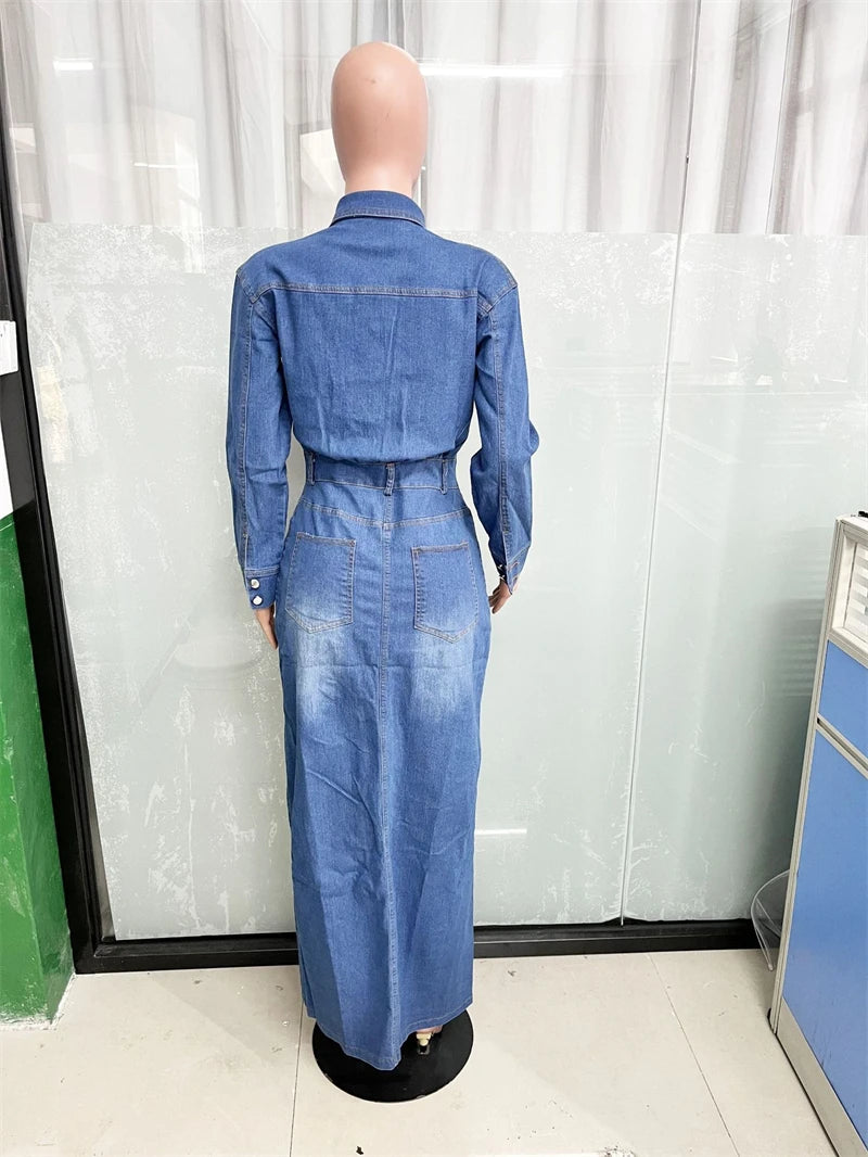 FZ Women's Vintage  Y2K Maxi Long Denim Dress