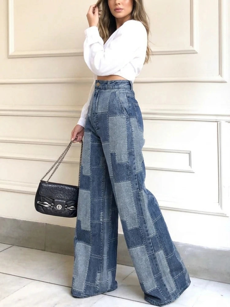 FZ Women's Plaid Contrast Loose Buttoned High Waist Wide Leg Denim Pants
