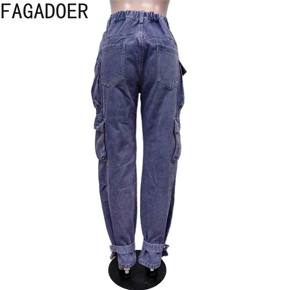FZ Women's Fashion Cargo Denim High Waisted Button Straight Pants - FZwear