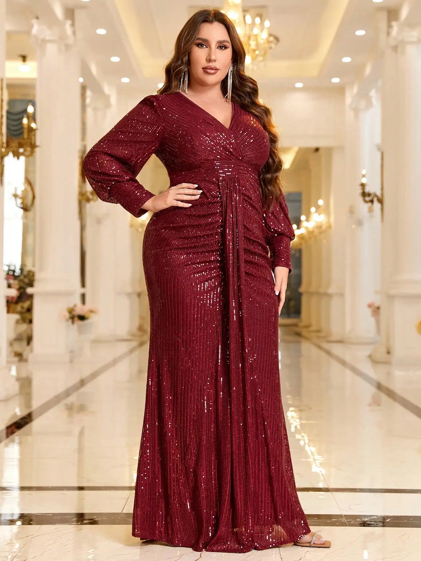 FZ Women's Plus Size V-Neck Sequin Long Sleeve Maxi Evening Dress