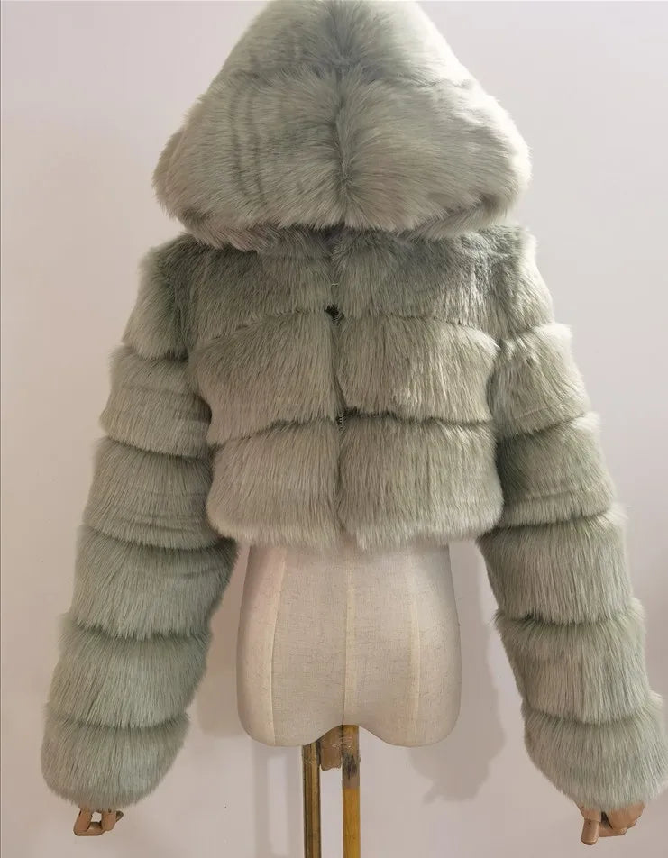 FZ Women's Faux Fur Thick Warm Hooded Open Stitch Short Coat Jacket