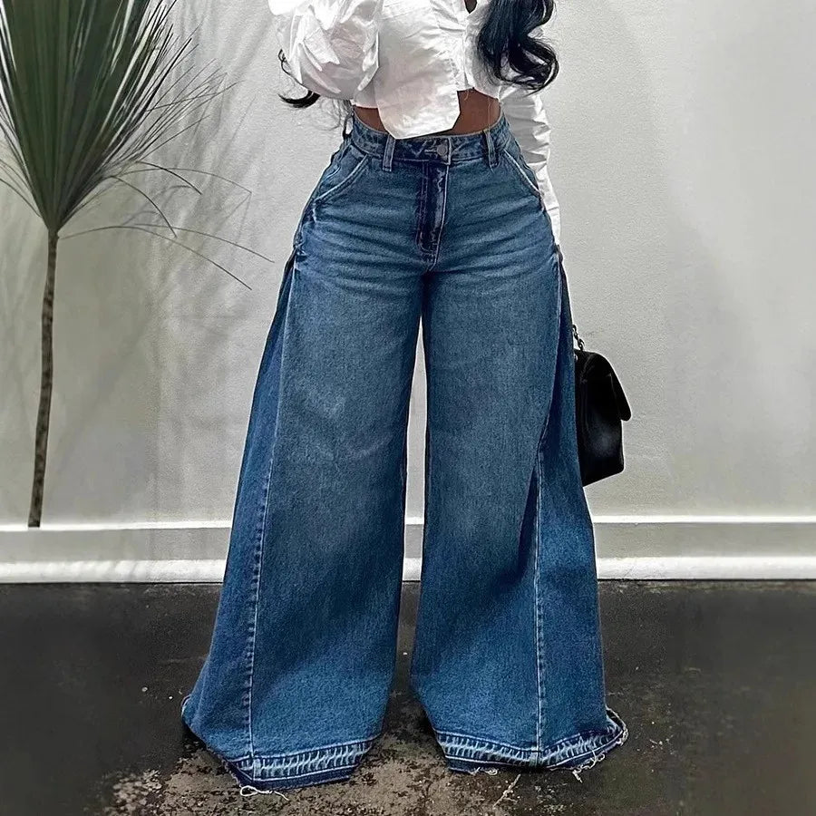 FZ Women's Spliced Casual Trendy Loose Wide Leg Flare Denim Pants